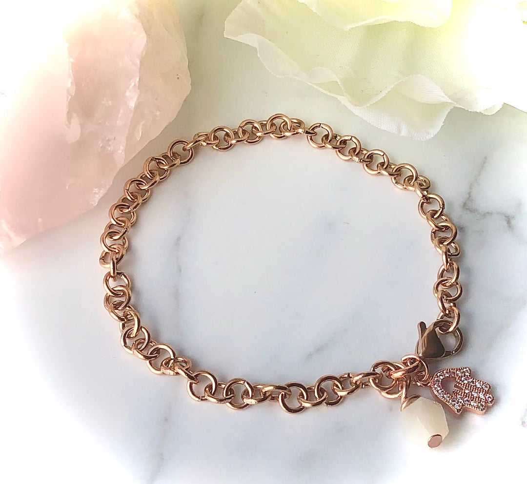 ROSE GOLD PAVÉ HAMSA CHAIN BRACELET - Stainless Steel Circle Link Chain- Moonstone Protection Bracelet
