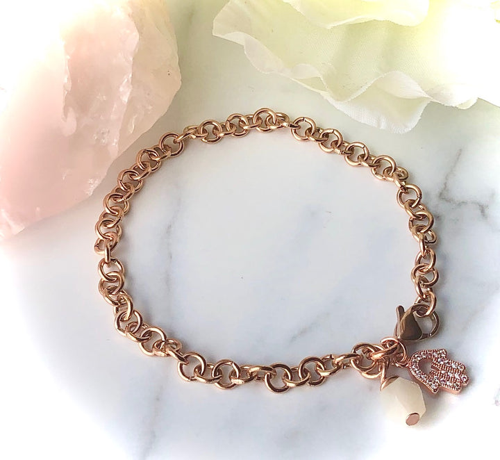 ROSE GOLD PAVÉ HAMSA CHAIN BRACELET - Stainless Steel Circle Link Chain- Moonstone Protection Bracelet