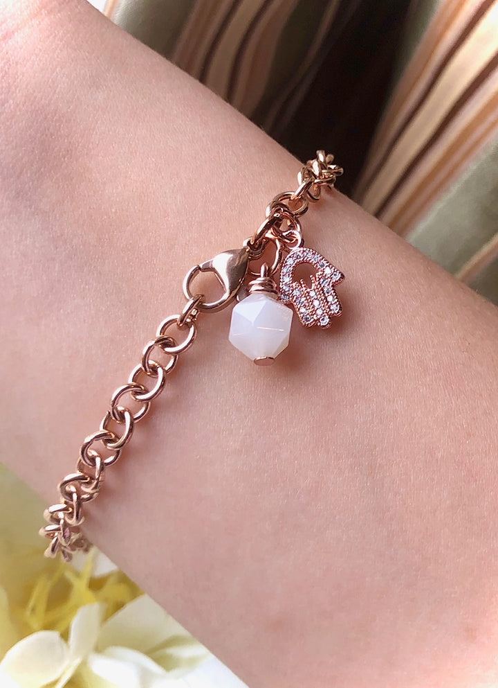 ROSE GOLD PAVÉ HAMSA CHAIN BRACELET - Stainless Steel Circle Link Chain- Moonstone Protection Bracelet