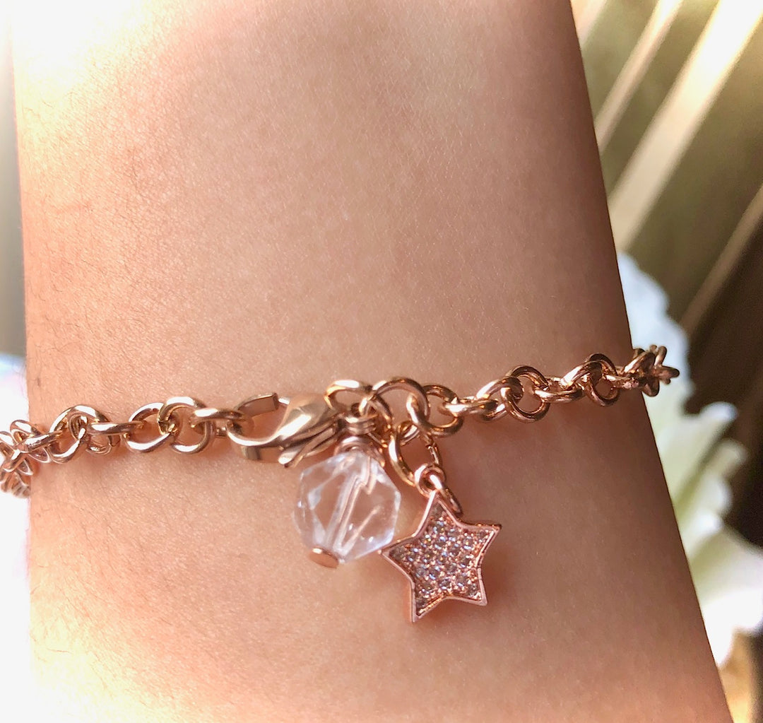 ROSE GOLD PAVÉ STAR Chain Bracelet - Stainless Steel Circle Link Chain - Clear Quartz Bracelet