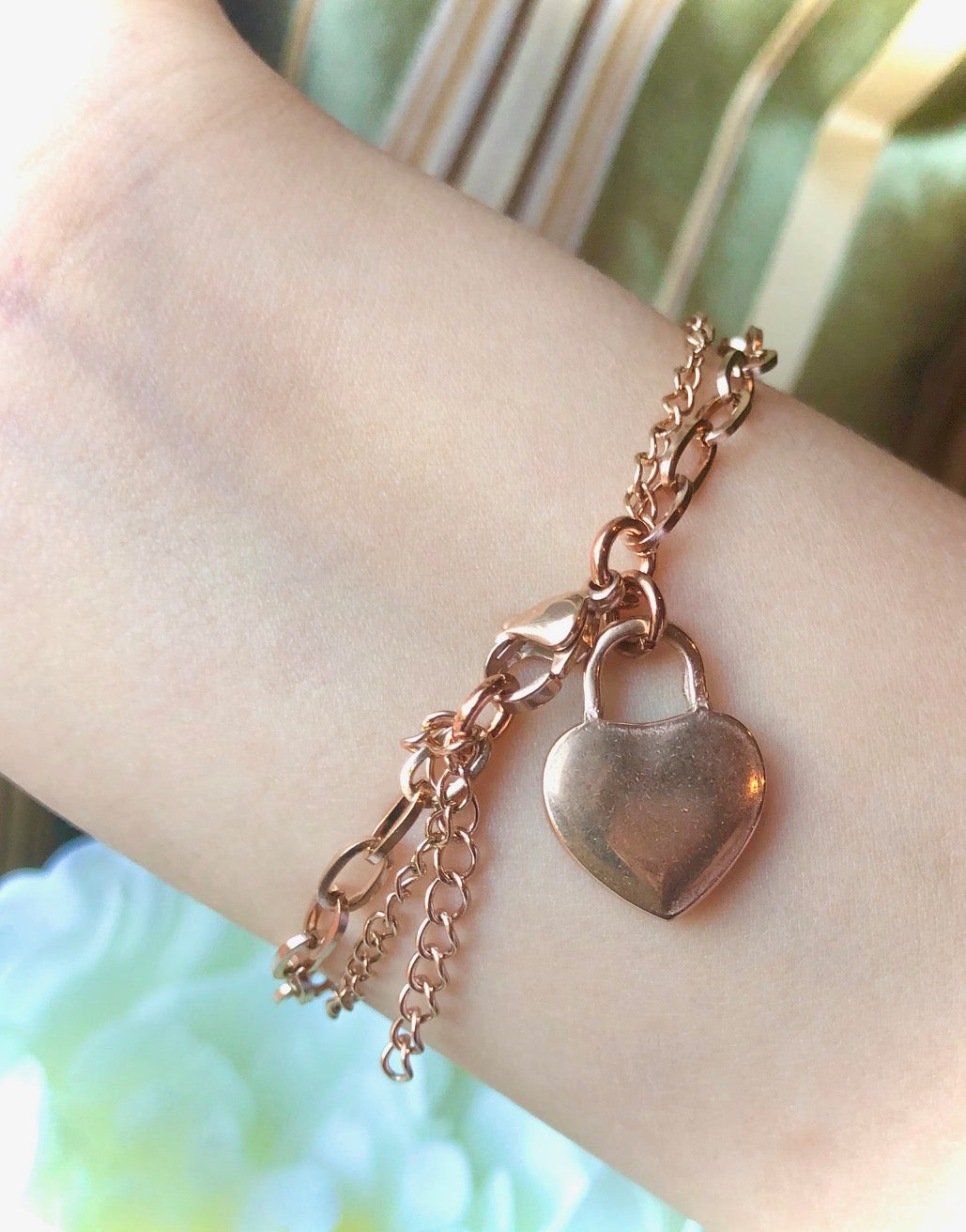 ROSE GOLD OR SILVER DOUBLE LAYER CHAIN BRACELET- Heart Padlock-Stainless Steel Bracelet-Choice of Color