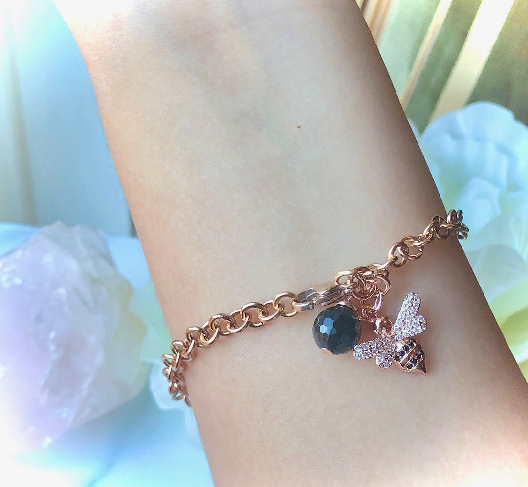 ROSE GOLD PAVÉ BEE & BLACK TOURMALINE Chain Bracelet - Stainless Steel Chain-Circle Link Chain Bracelet