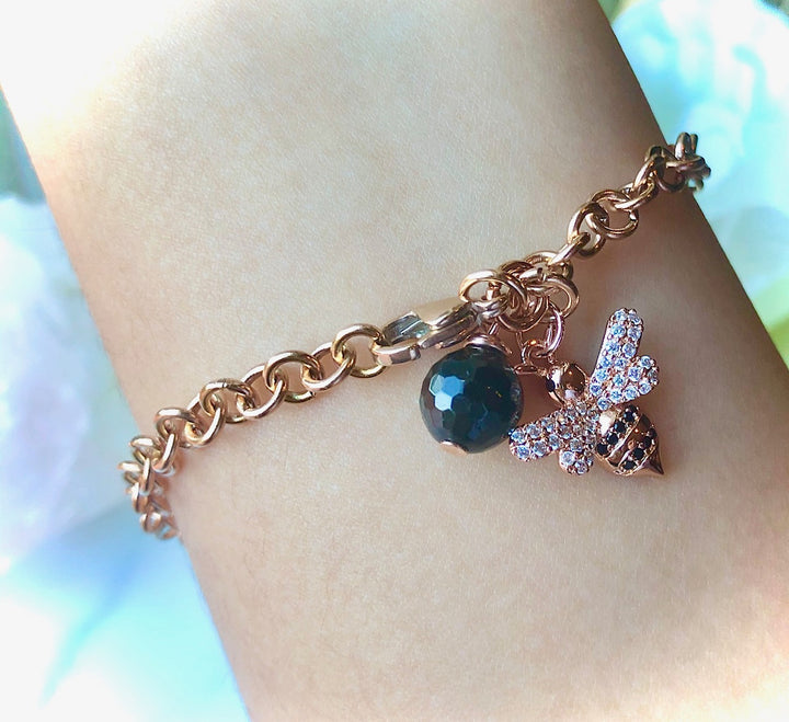ROSE GOLD PAVÉ BEE & BLACK TOURMALINE Chain Bracelet - Stainless Steel Chain-Circle Link Chain Bracelet