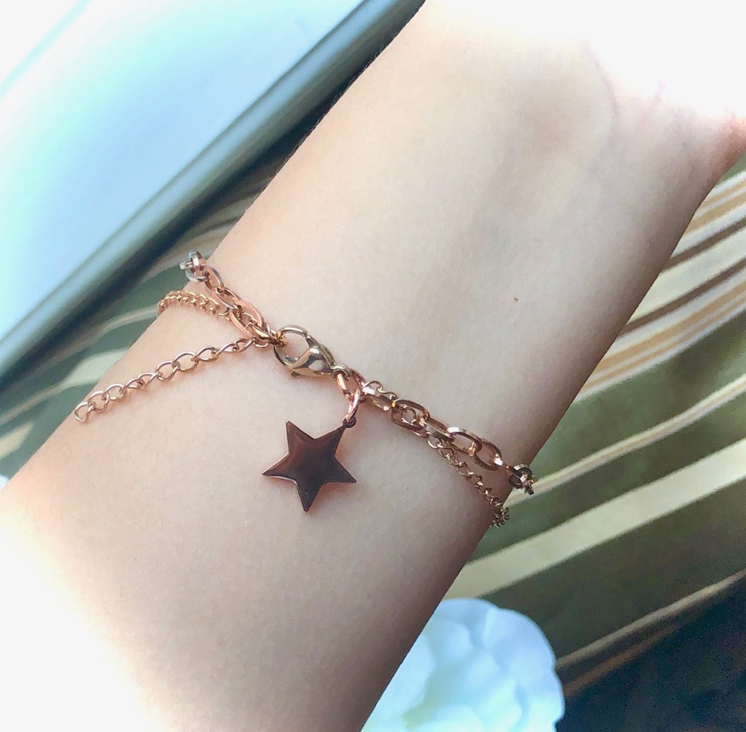 ROSE GOLD STAR &  DOUBLE LAYER CHAIN BRACELET- Stainless Steel Bracelet-Adjustable Bracelet