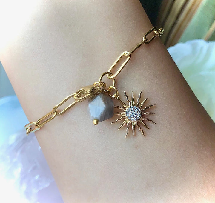 GOLD PAVÉ SUN & SUNSTONE CHARM BRACELET-Paperclip Chain Bracelet-Oval link-Stainless Steel Chain Bracelet