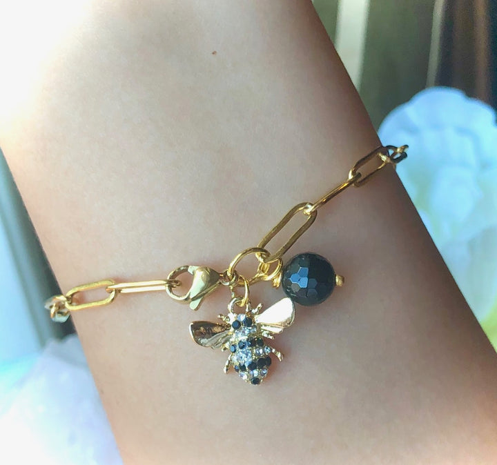 GOLD PAVÉ BEE CHARM BRACELET - Stainless Steel -PAPERCLIP LINK CHAIN BRACELET- Black Tourmaline Protection Bracelet