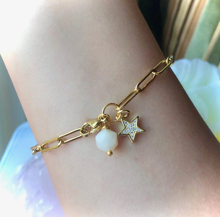 GOLD PAVÉ STAR & MOONSTONE CHAIN BRACELET-Stainless Steel-Paperclip Chain - Oval Link Gemstone Bracelet