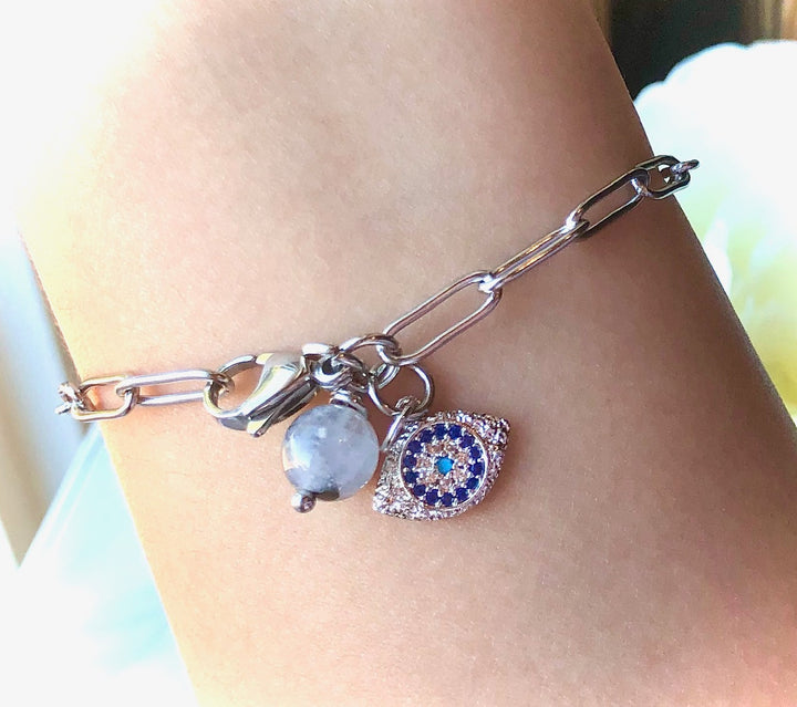 SILVER PAVÉ EVIL EYE PAPERCLIP CHAIN BRACELET - Tourmalinated Quartz-Stainless Steel Paperclip Chain Bracelet - Oval link Bracelet- Protection Bracelet
