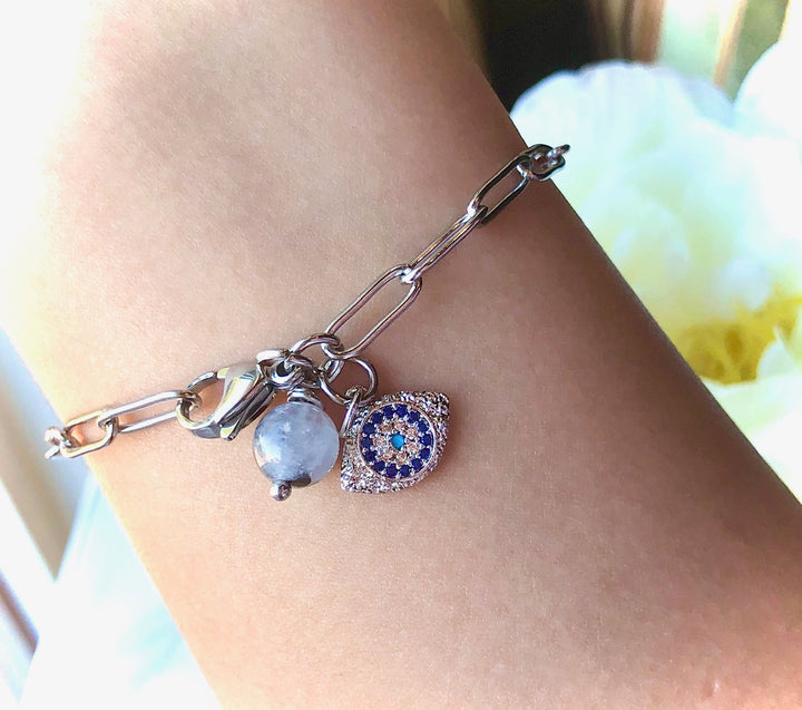 SILVER PAVÉ EVIL EYE PAPERCLIP CHAIN BRACELET - Tourmalinated Quartz-Stainless Steel Paperclip Chain Bracelet - Oval link Bracelet- Protection Bracelet