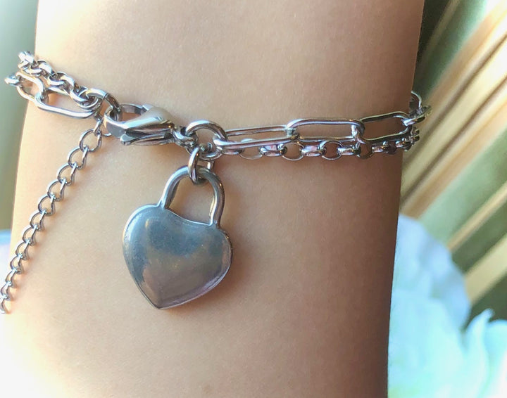 ROSE GOLD OR SILVER DOUBLE LAYER CHAIN BRACELET- Heart Padlock-Stainless Steel Bracelet-Choice of Color