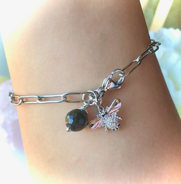SILVER PAVÉ BEE CHARM BRACELET-Stainless Steel -PAPERCLIP STYLE CHAIN- Black Tourmaline Protection Bracelet