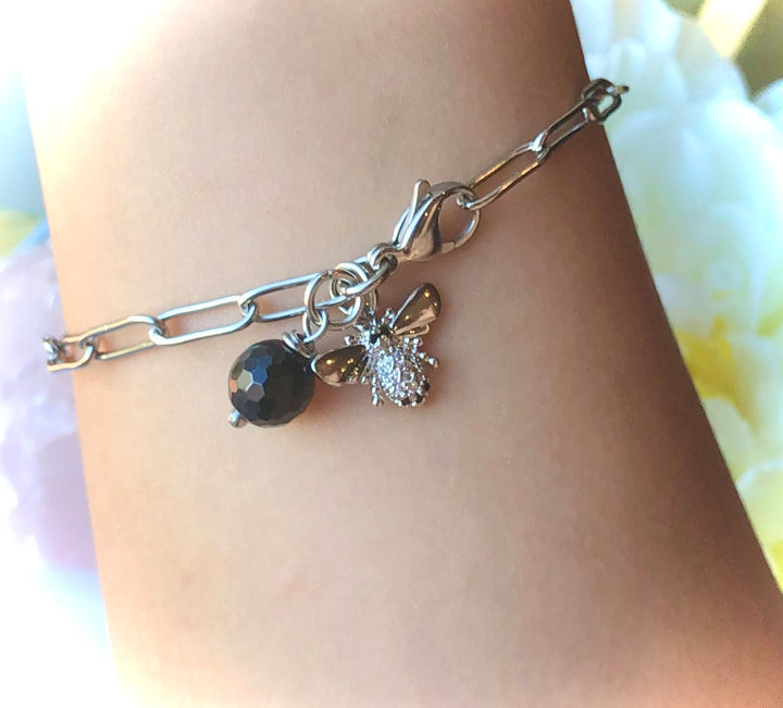 SILVER PAVÉ BEE CHARM BRACELET-Stainless Steel -PAPERCLIP STYLE CHAIN- Black Tourmaline Protection Bracelet