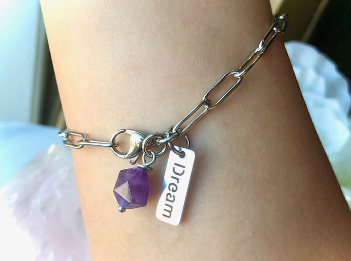 SILVER 'DREAM' & AMETHYST CHARM CHAIN BRACELET - Paperclip Chain- Stainless Steel - Oval Link Chain Bracelet