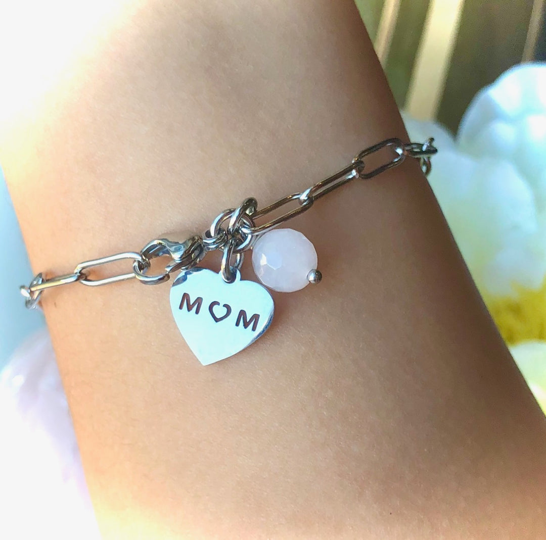 SILVER 'MOM' & Rose Quartz CHAIN BRACELET - Stainless Steel - Paperclip Chain - Oval Link Bracelet- Gifts for Mom