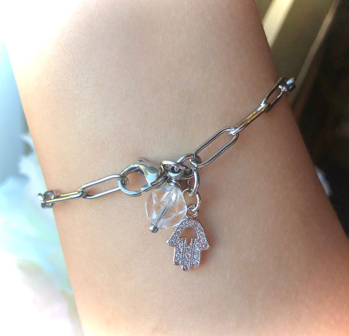 SILVER PAVÉ HAMSA PAPERCLIP CHAIN BRACELET - Clear Quartz- Stainless Steel Oval Link Chain - Protection Bracelet