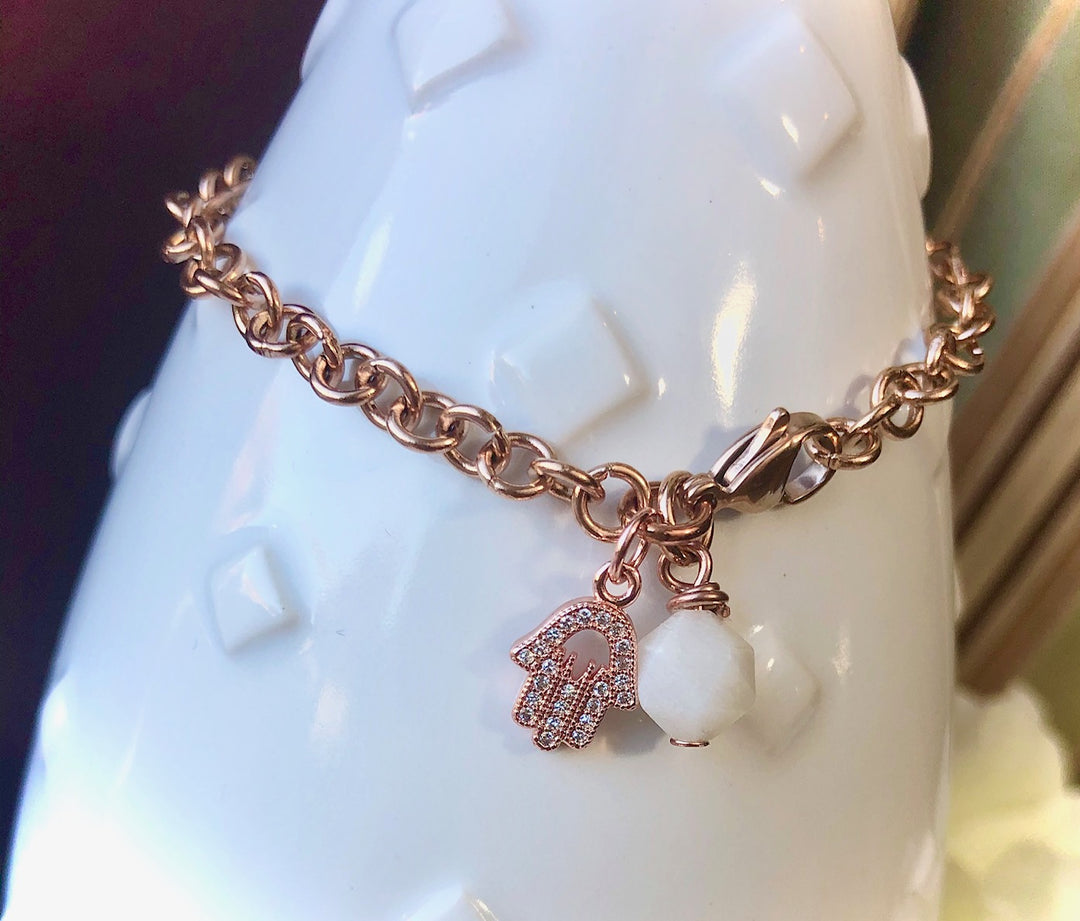 ROSE GOLD PAVÉ HAMSA CHAIN BRACELET - Stainless Steel Circle Link Chain- Moonstone Protection Bracelet