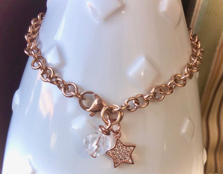 ROSE GOLD PAVÉ STAR Chain Bracelet - Stainless Steel Circle Link Chain - Clear Quartz Bracelet