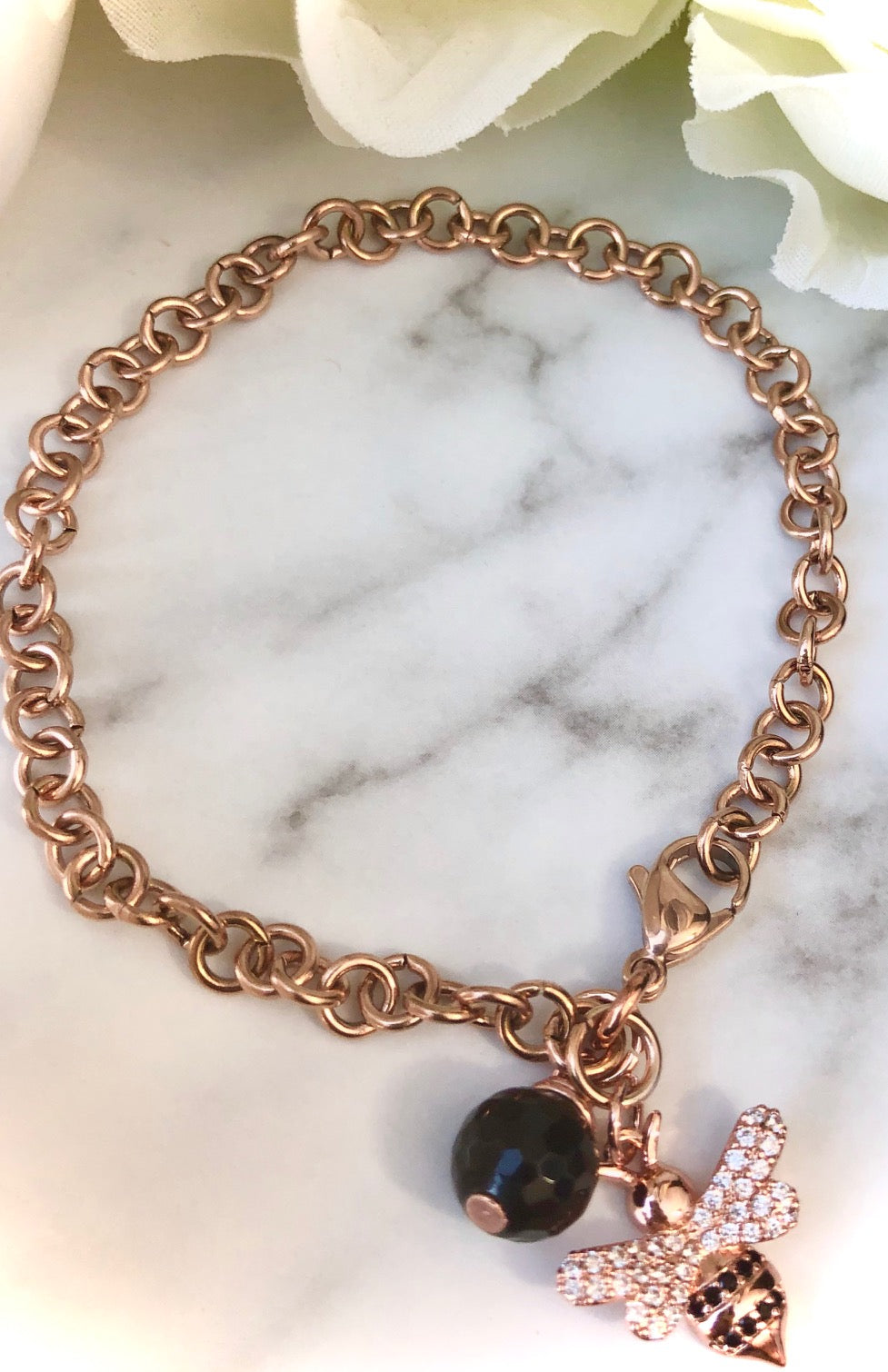 ROSE GOLD PAVÉ BEE & BLACK TOURMALINE Chain Bracelet - Stainless Steel Chain-Circle Link Chain Bracelet