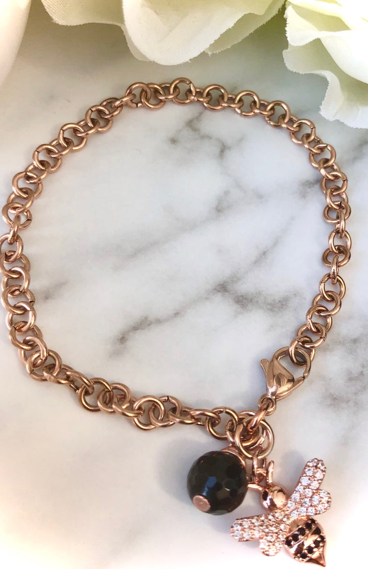 ROSE GOLD PAVÉ BEE & BLACK TOURMALINE Chain Bracelet - Stainless Steel Chain-Circle Link Chain Bracelet