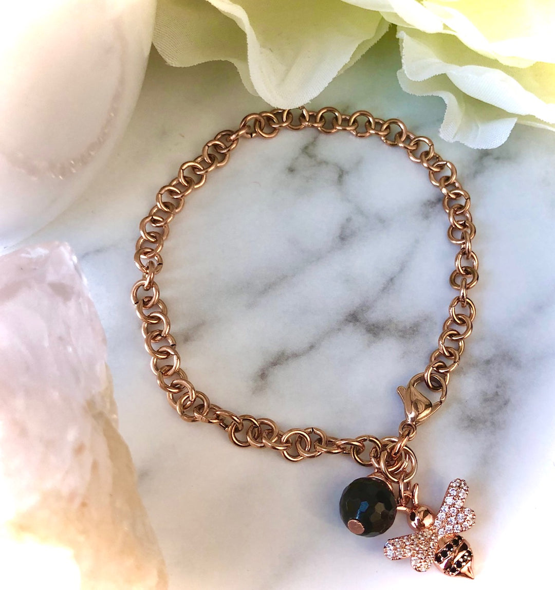 ROSE GOLD PAVÉ BEE & BLACK TOURMALINE Chain Bracelet - Stainless Steel Chain-Circle Link Chain Bracelet