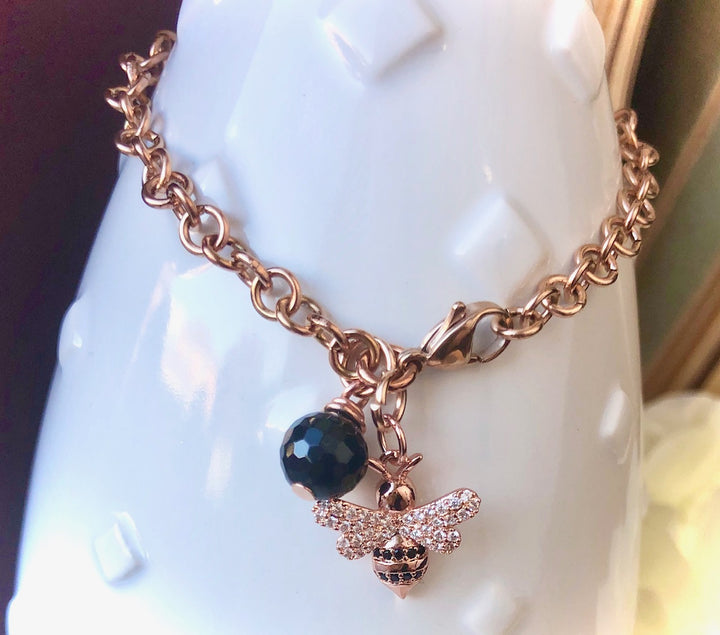 ROSE GOLD PAVÉ BEE & BLACK TOURMALINE Chain Bracelet - Stainless Steel Chain-Circle Link Chain Bracelet