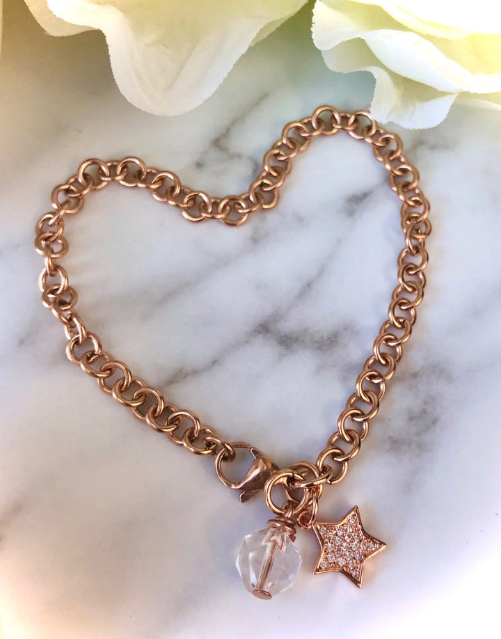 ROSE GOLD PAVÉ STAR Chain Bracelet - Stainless Steel Circle Link Chain - Clear Quartz Bracelet