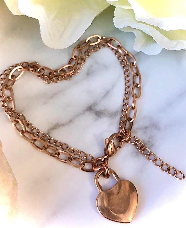 ROSE GOLD OR SILVER DOUBLE LAYER CHAIN BRACELET- Heart Padlock-Stainless Steel Bracelet-Choice of Color