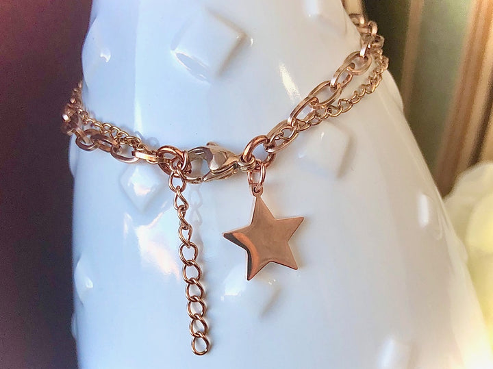 ROSE GOLD STAR &  DOUBLE LAYER CHAIN BRACELET- Stainless Steel Bracelet-Adjustable Bracelet