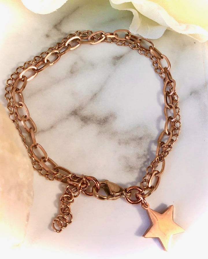 ROSE GOLD STAR &  DOUBLE LAYER CHAIN BRACELET- Stainless Steel Bracelet-Adjustable Bracelet