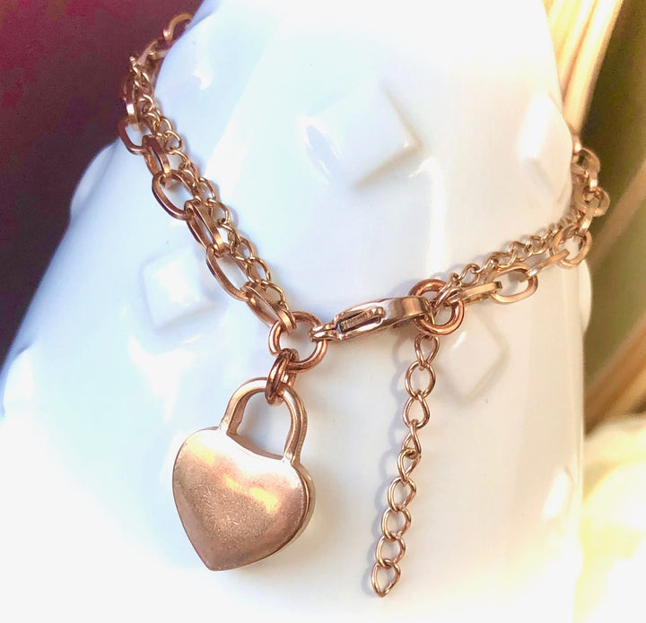 ROSE GOLD OR SILVER DOUBLE LAYER CHAIN BRACELET- Heart Padlock-Stainless Steel Bracelet-Choice of Color