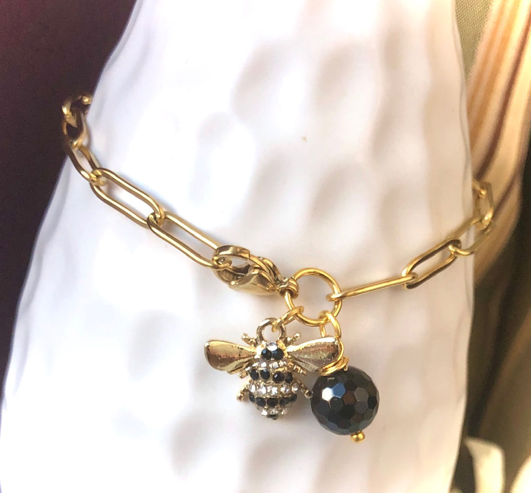 GOLD PAVÉ BEE CHARM BRACELET - Stainless Steel -PAPERCLIP LINK CHAIN BRACELET- Black Tourmaline Protection Bracelet