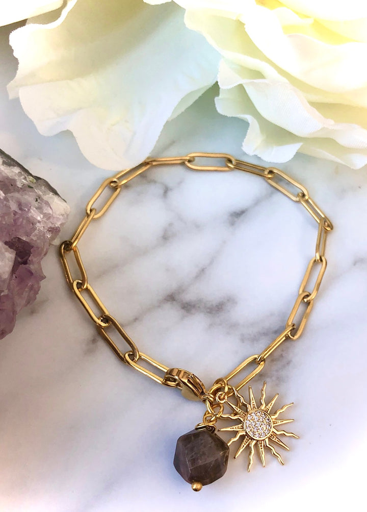 GOLD PAVÉ SUN & SUNSTONE CHARM BRACELET-Paperclip Chain Bracelet-Oval link-Stainless Steel Chain Bracelet