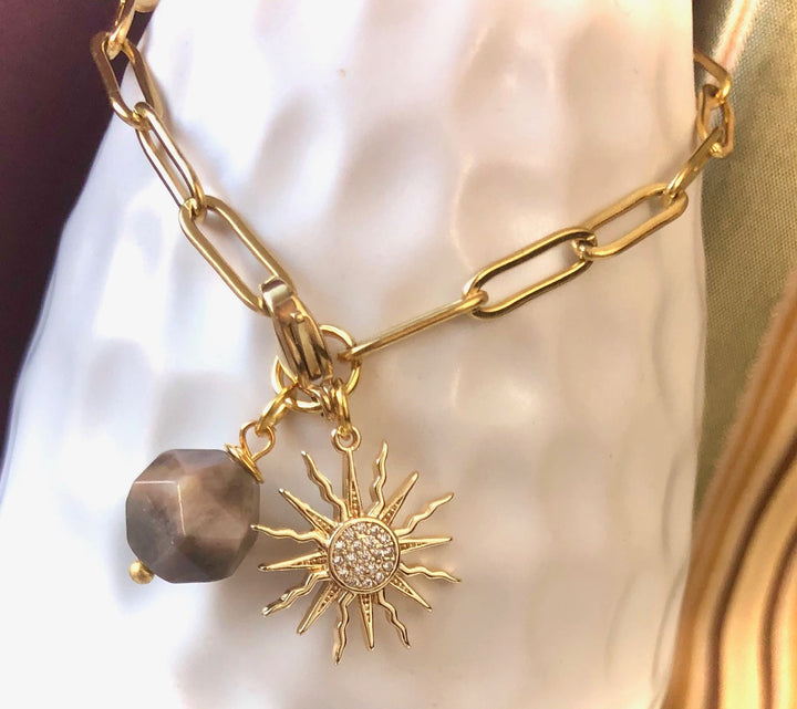 GOLD PAVÉ SUN & SUNSTONE CHARM BRACELET-Paperclip Chain Bracelet-Oval link-Stainless Steel Chain Bracelet