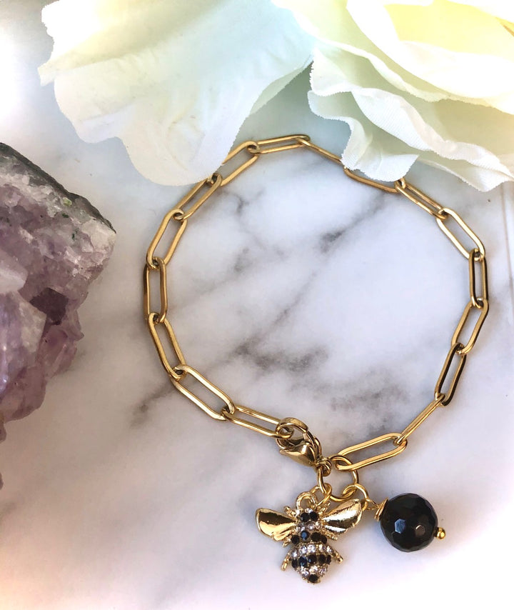 GOLD PAVÉ BEE CHARM BRACELET - Stainless Steel -PAPERCLIP LINK CHAIN BRACELET- Black Tourmaline Protection Bracelet