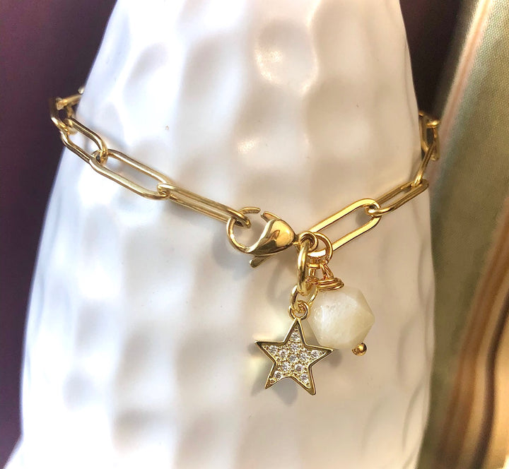 GOLD PAVÉ STAR & MOONSTONE CHAIN BRACELET-Stainless Steel-Paperclip Chain - Oval Link Gemstone Bracelet