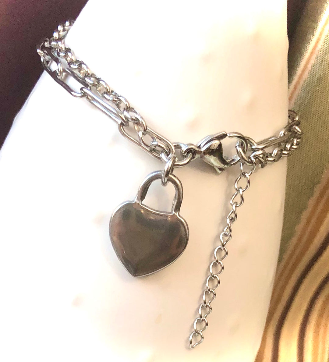 ROSE GOLD OR SILVER DOUBLE LAYER CHAIN BRACELET- Heart Padlock-Stainless Steel Bracelet-Choice of Color
