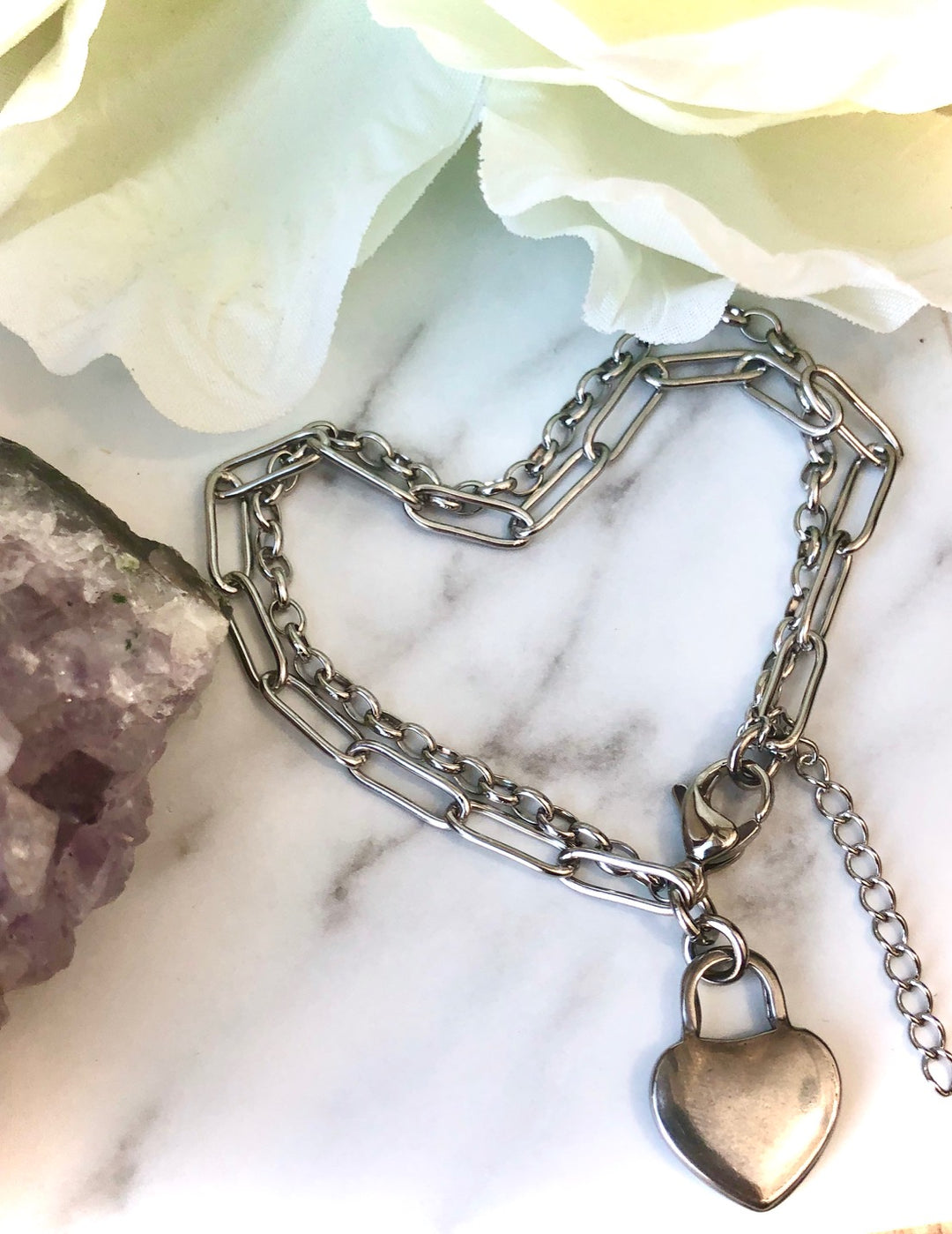 ROSE GOLD OR SILVER DOUBLE LAYER CHAIN BRACELET- Heart Padlock-Stainless Steel Bracelet-Choice of Color