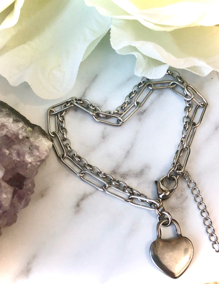 ROSE GOLD OR SILVER DOUBLE LAYER CHAIN BRACELET- Heart Padlock-Stainless Steel Bracelet-Choice of Color