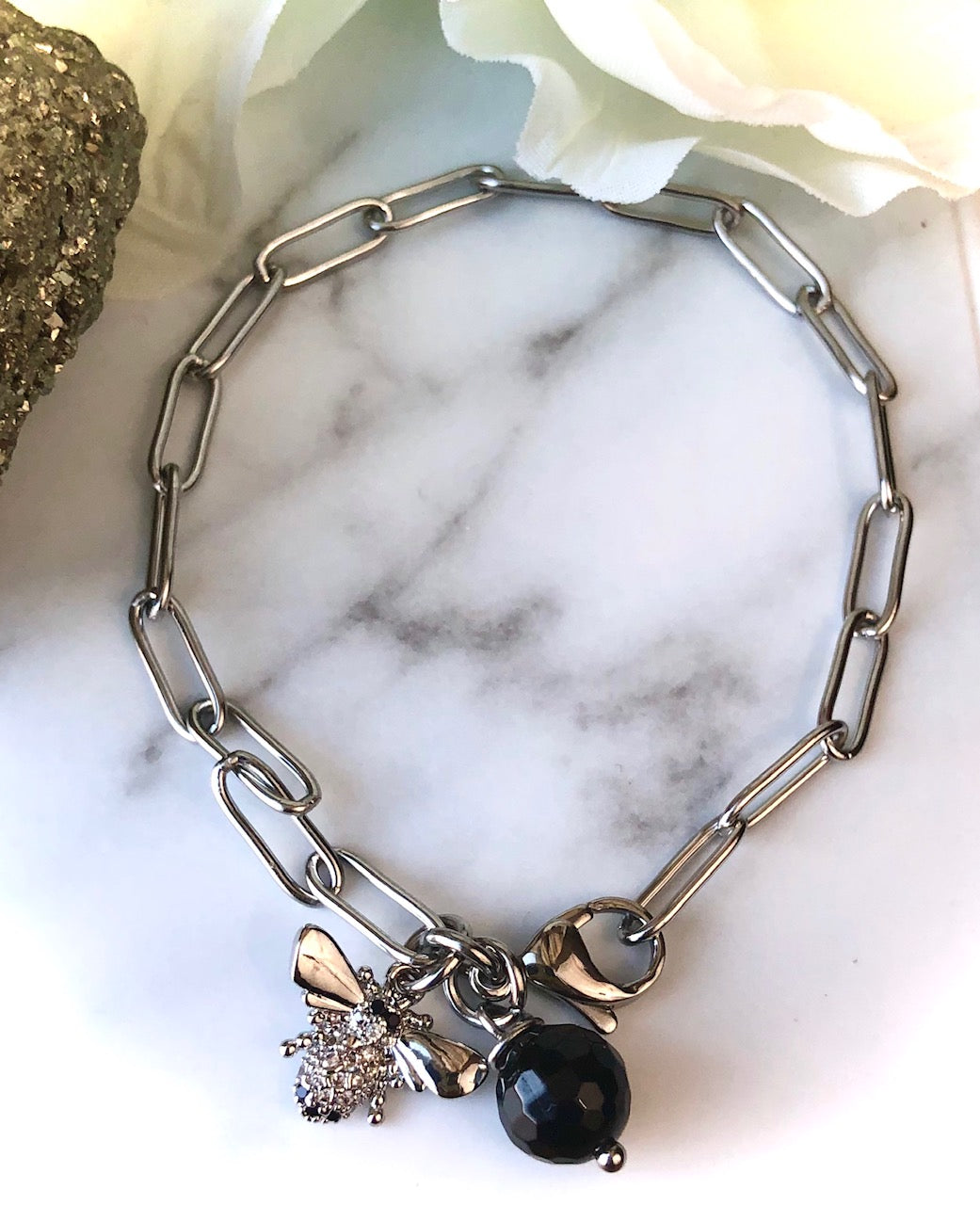 SILVER PAVÉ BEE CHARM BRACELET-Stainless Steel -PAPERCLIP STYLE CHAIN- Black Tourmaline Protection Bracelet