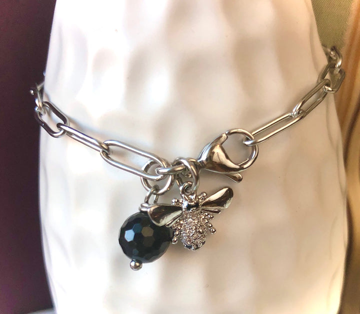 SILVER PAVÉ BEE CHARM BRACELET-Stainless Steel -PAPERCLIP STYLE CHAIN- Black Tourmaline Protection Bracelet