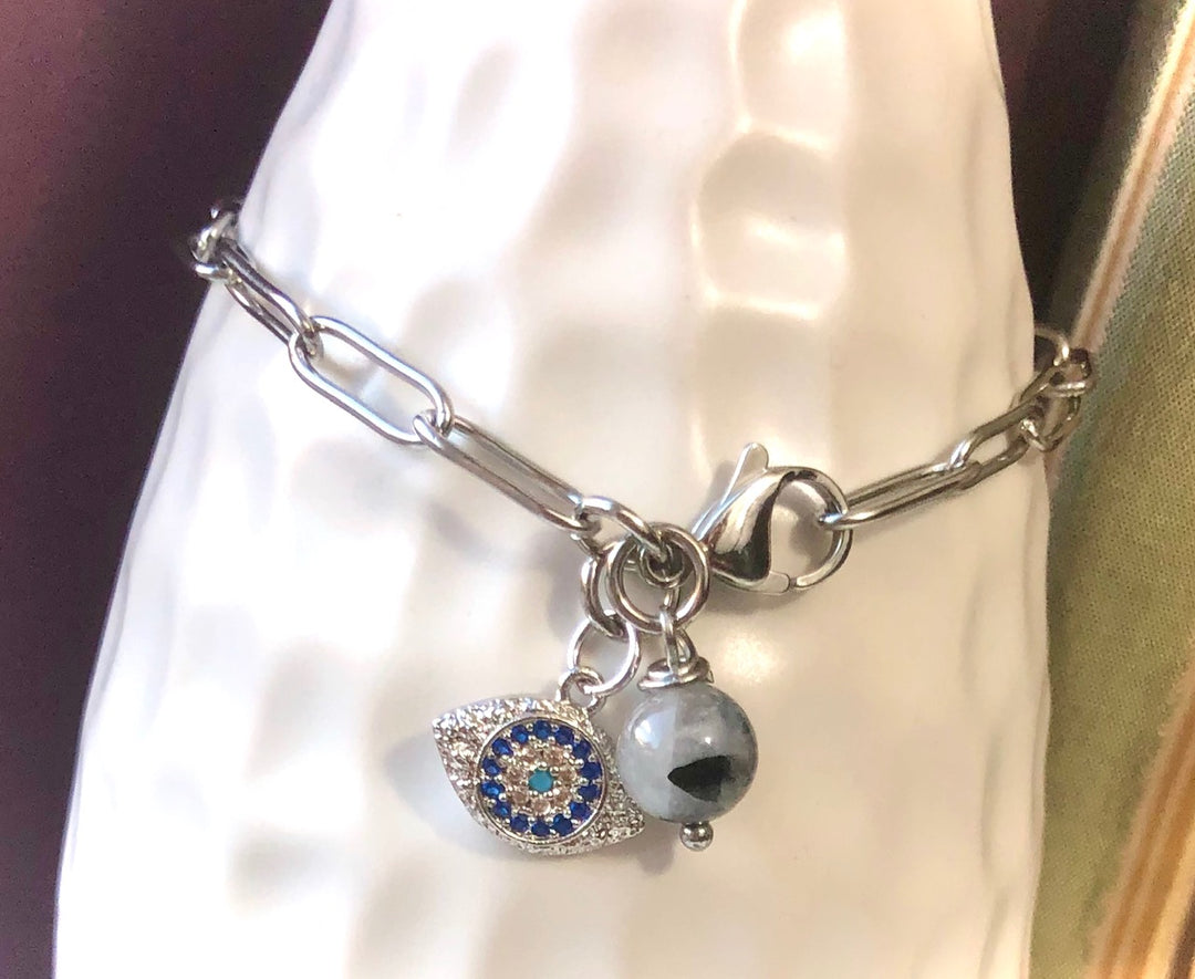 SILVER PAVÉ EVIL EYE PAPERCLIP CHAIN BRACELET - Tourmalinated Quartz-Stainless Steel Paperclip Chain Bracelet - Oval link Bracelet- Protection Bracelet