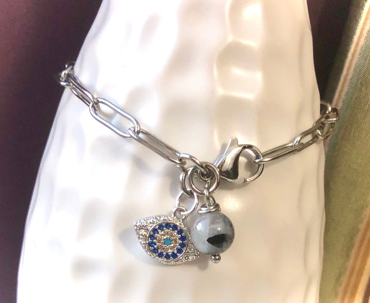 SILVER PAVÉ EVIL EYE PAPERCLIP CHAIN BRACELET - Tourmalinated Quartz-Stainless Steel Paperclip Chain Bracelet - Oval link Bracelet- Protection Bracelet