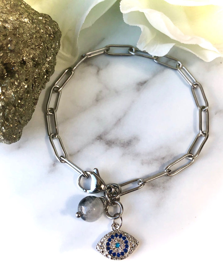 SILVER PAVÉ EVIL EYE PAPERCLIP CHAIN BRACELET - Tourmalinated Quartz-Stainless Steel Paperclip Chain Bracelet - Oval link Bracelet- Protection Bracelet