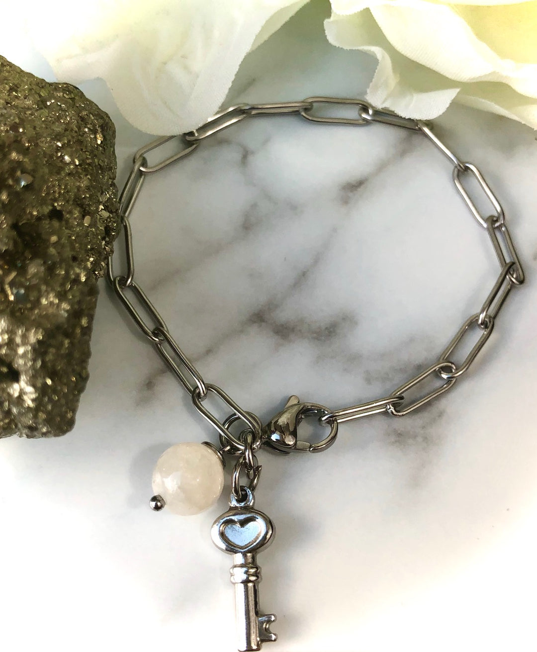 SILVER KEY CHARM & MOONSTONE CHAIN BRACELET - Paperclip Chain Bracelet - Stainless Steel - Oval Link Chain - Moonstone Bracelet