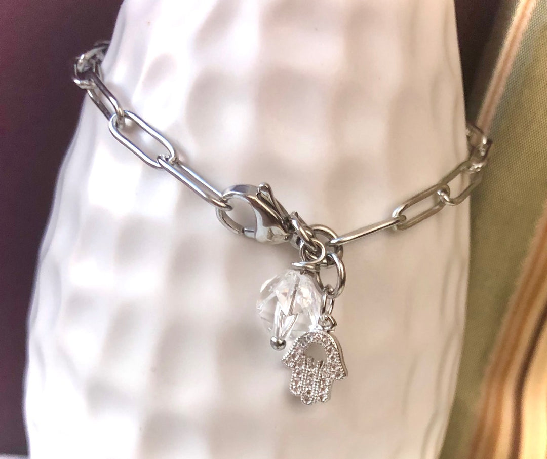 SILVER PAVÉ HAMSA PAPERCLIP CHAIN BRACELET - Clear Quartz- Stainless Steel Oval Link Chain - Protection Bracelet