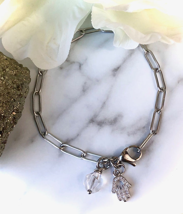 SILVER PAVÉ HAMSA PAPERCLIP CHAIN BRACELET - Clear Quartz- Stainless Steel Oval Link Chain - Protection Bracelet