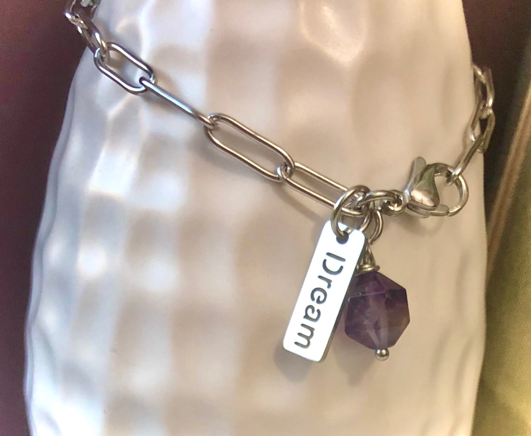 SILVER 'DREAM' & AMETHYST CHARM CHAIN BRACELET - Paperclip Chain- Stainless Steel - Oval Link Chain Bracelet