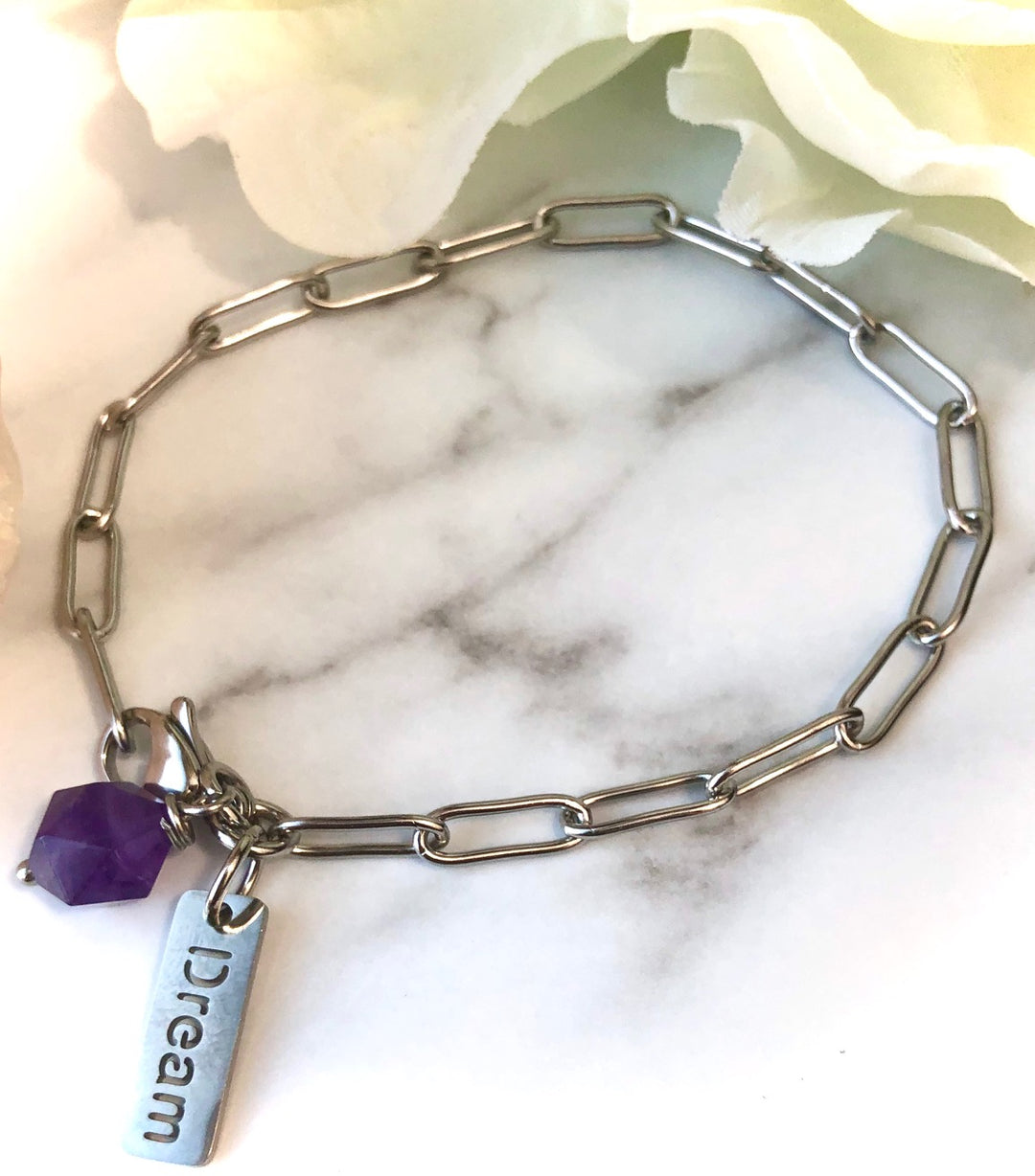 SILVER 'DREAM' & AMETHYST CHARM CHAIN BRACELET - Paperclip Chain- Stainless Steel - Oval Link Chain Bracelet