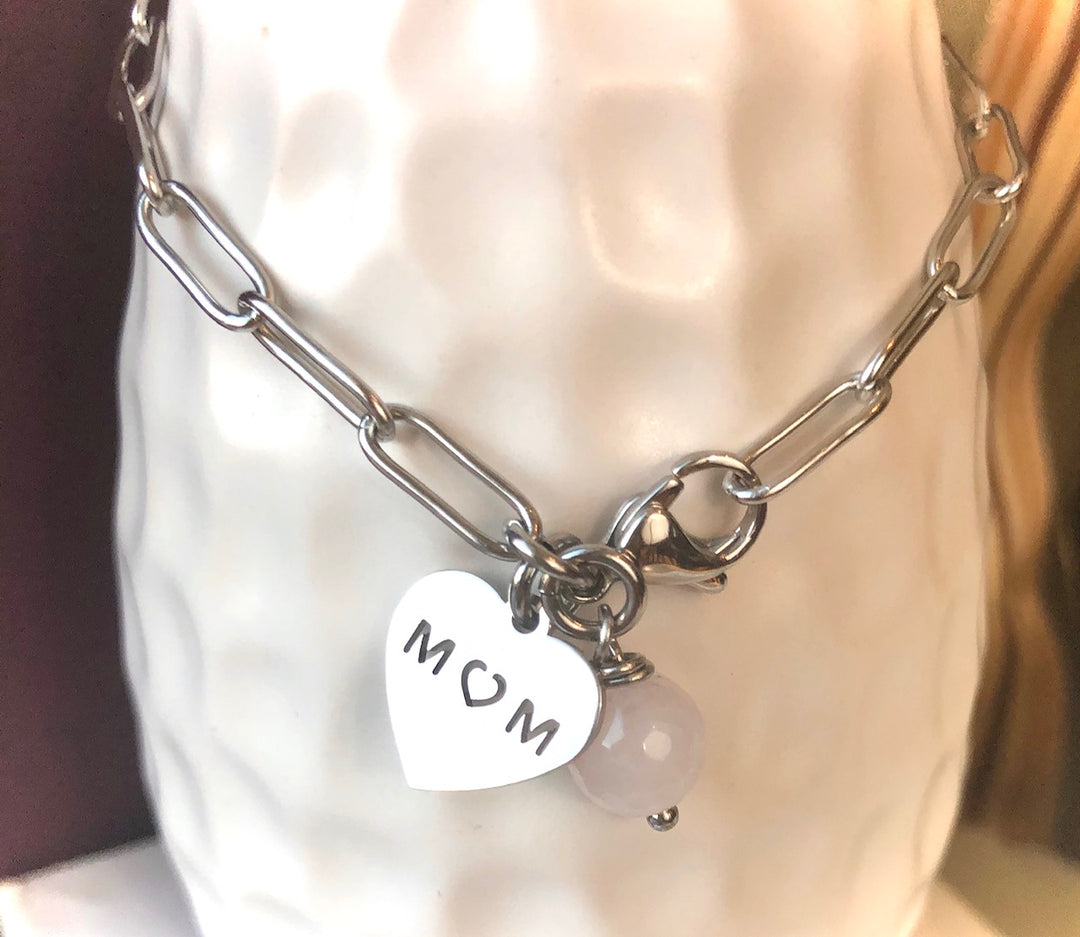 SILVER 'MOM' & Rose Quartz CHAIN BRACELET - Stainless Steel - Paperclip Chain - Oval Link Bracelet- Gifts for Mom