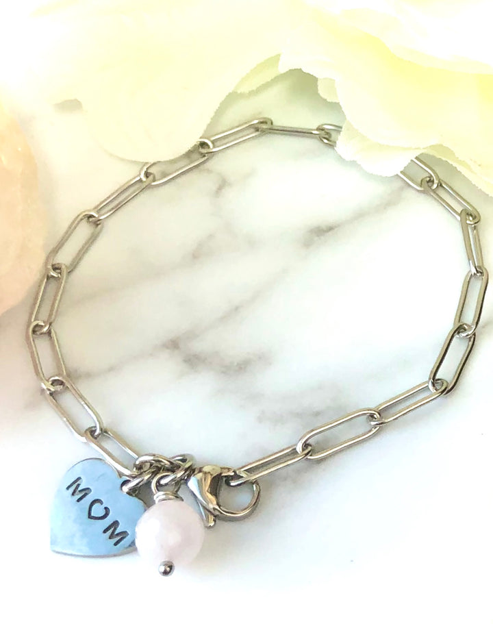 SILVER 'MOM' & Rose Quartz CHAIN BRACELET - Stainless Steel - Paperclip Chain - Oval Link Bracelet- Gifts for Mom